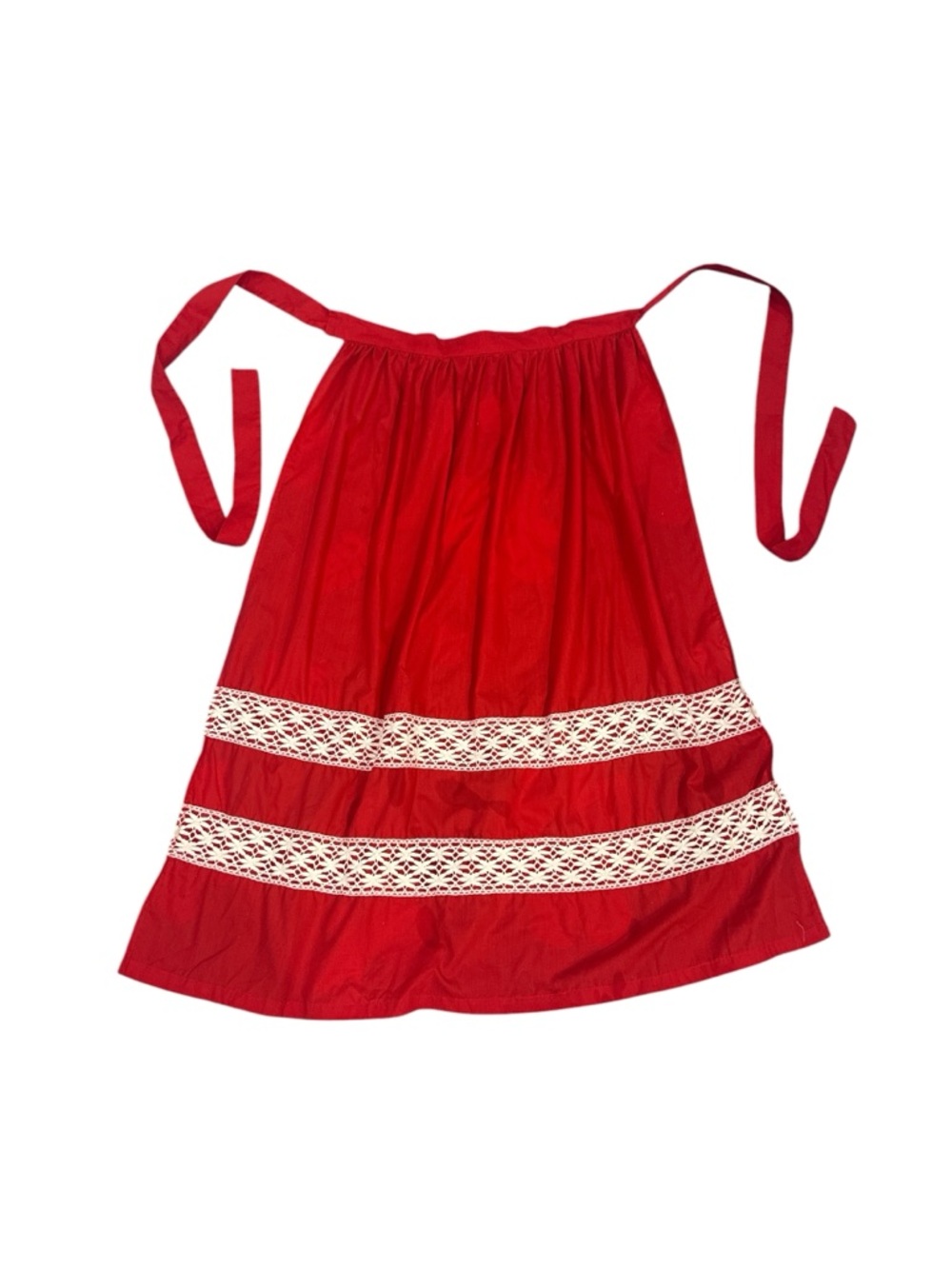 Vintage Red Kitchen Apron with White Lace Trim